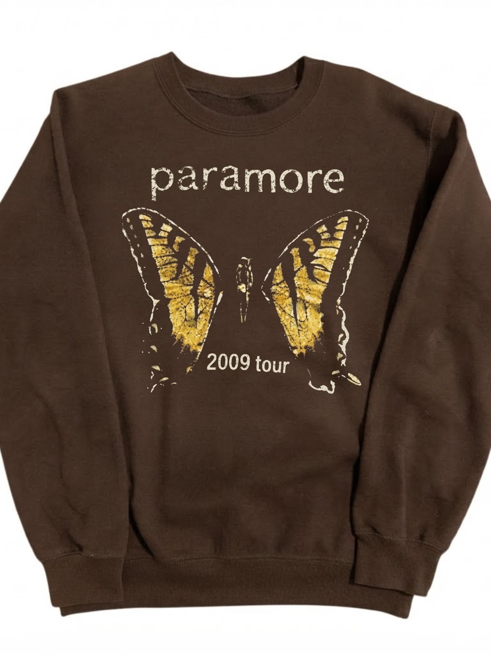 Gildan Brown Paramore 2009 Tour Sweatshirt with Yellow Butterfly Graphic